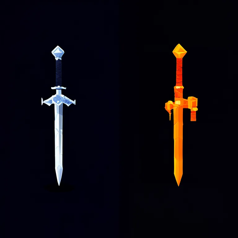 Split-screen Unity editor screenshot. Left: Scene view with a low-poly 3D sword model, three directional light gizmos…