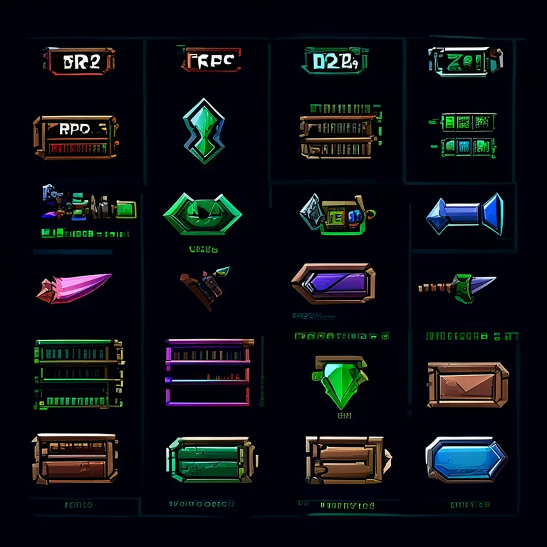 Unity game UI screenshot. Grid of 24 inventory slots, each with a distinct 2D icon (swords, potions, armor, gems) rendered…