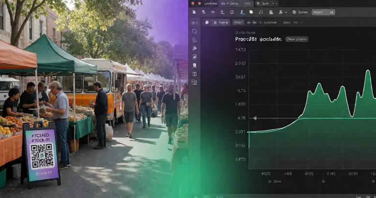 Split-screen composition. Left half: bustling outdoor Australian market with vendor stalls, food trucks, and a visible QR…