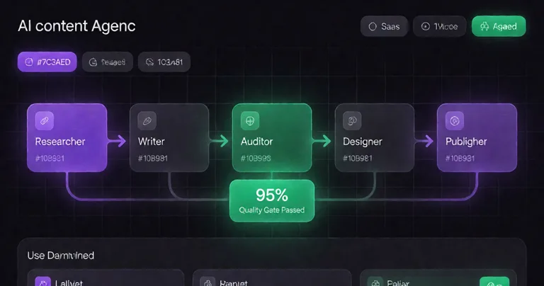 Dark-mode SaaS dashboard UI showing a horizontal five-stage AI content pipeline. Five labeled agent nodes (Researcher…