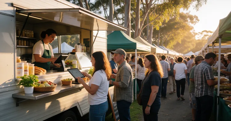 A food truck parked at a busy Australian farmers market at golden hour, vendor using a tablet POS system on the counter…