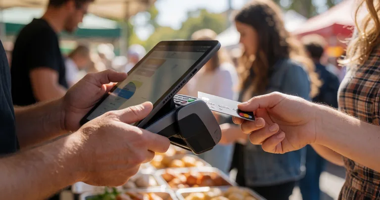 Close-up of vendor's hands using a tablet POS system with a card reader attached, customer tapping credit card, outdoor…