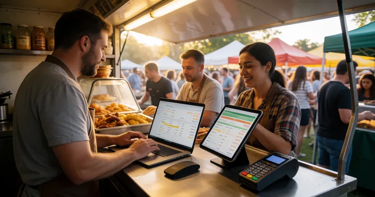 Food truck owner reviewing sales analytics on a laptop inside the truck, tablet POS and card reader on the counter, warm…