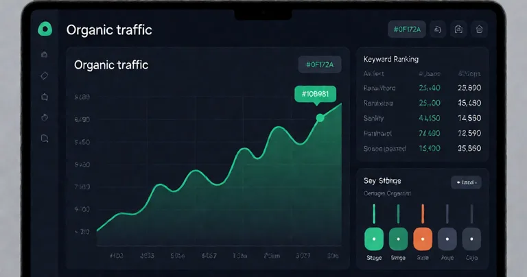 A clean dark-mode SEO analytics dashboard displayed on a laptop screen, showing a rising organic traffic line graph in…