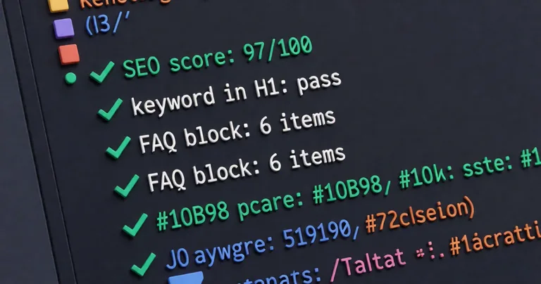A close-up of a code editor showing a JSON quality-gate audit output on a dark slate background. Green checkmarks appear…