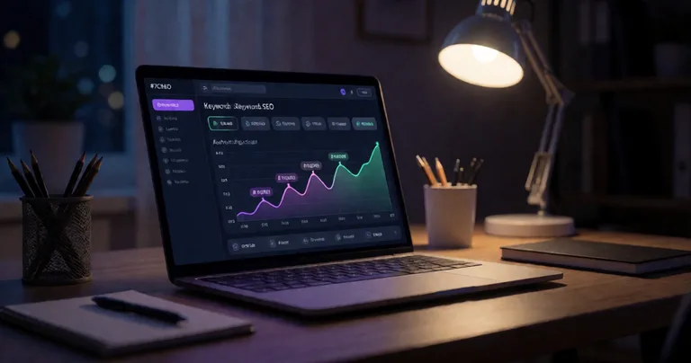 A small business owner's desk at night, laptop screen glowing with an autonomous SEO dashboard showing keyword rankings…