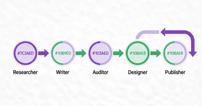 A clean technical diagram of a five-stage AI content pipeline, arrows flowing left to right through five labeled circular…