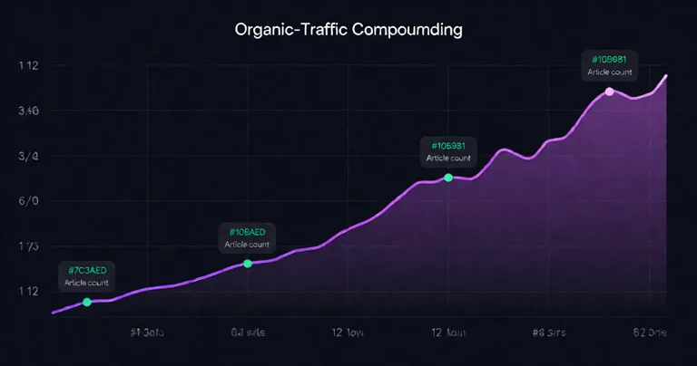 A line graph on a dark navy dashboard showing organic traffic compounding upward over 12 months, small milestone markers…