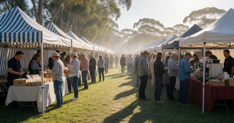 Sunny outdoor Australian country market at a showground, roughly 40 stalls with striped marquees, a stallholder tapping a…