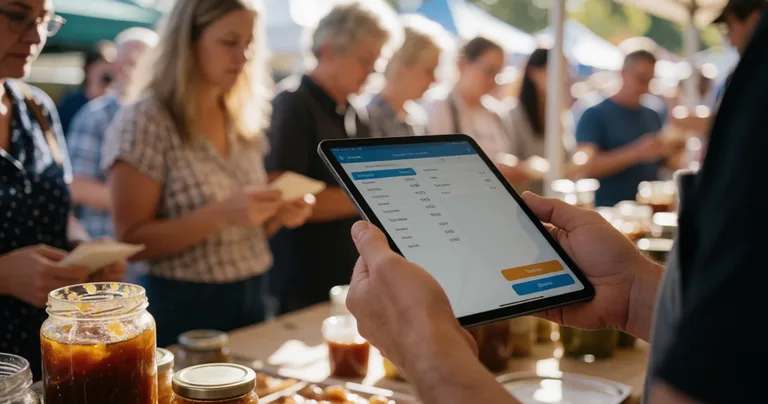 Close-up of a stallholder's hands holding a tablet showing a point-of-sale order screen with a card tap prompt, small…