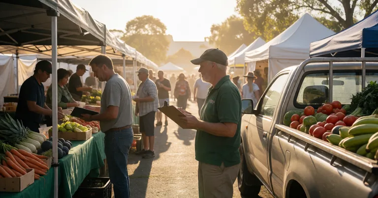 Market organiser with clipboard and tablet at the entrance of a regional Australian market, checking in a stallholder's ute…