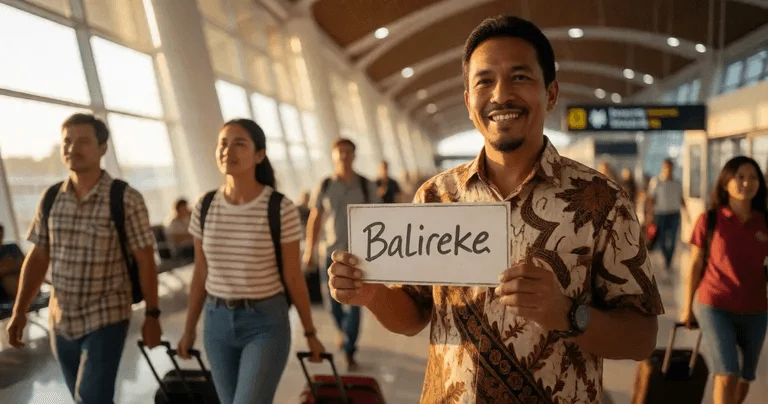 A friendly Balinese driver in a light batik shirt holding a handwritten name sign inside Ngurah Rai International Airport…