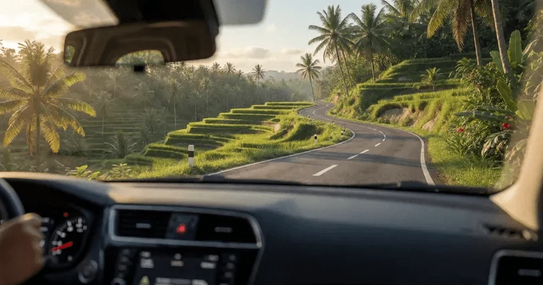 View from inside a car driving up the winding road from Ngurah Rai Airport toward Ubud, lush green rice terraces and palm…