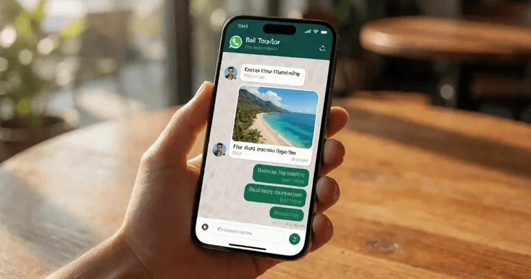 Close-up of a smartphone screen showing a WhatsApp conversation with a Bali tour operator, messages about flight details and…