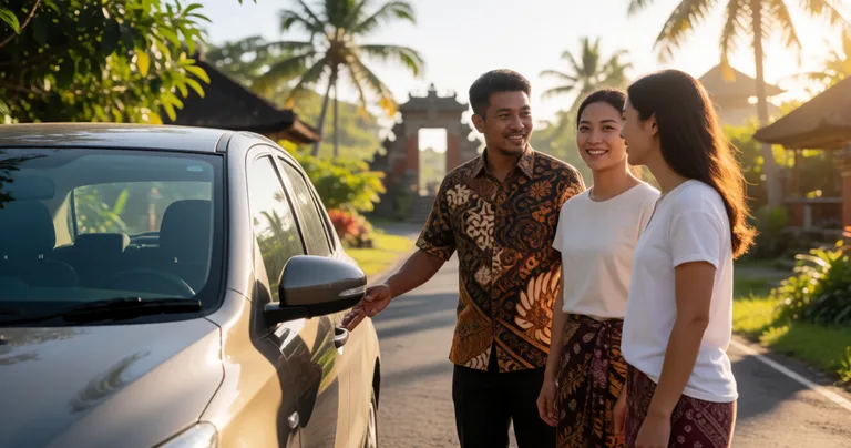 A private car parked on a quiet Balinese road near Uluwatu, a local Balinese guide in a batik shirt opening the door for a…