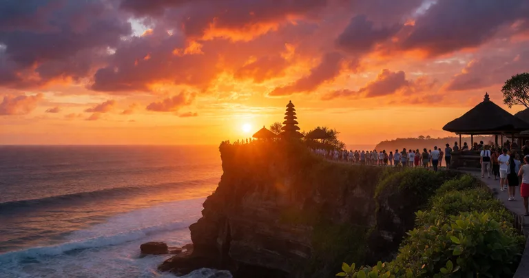 Uluwatu Temple silhouetted against a fiery orange and purple sunset over the Indian Ocean, tourists small in the distance…