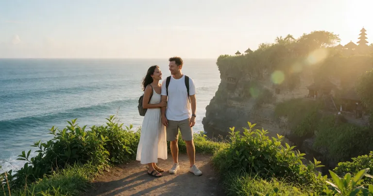 A couple standing on the cliff path at Uluwatu Temple during golden hour, ocean stretching behind them, soft warm light…