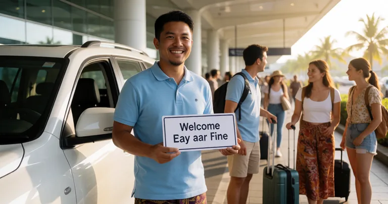 A smiling Balinese guide in a light blue polo shirt standing next to a clean white SUV, holding a welcome sign at Ngurah Rai…