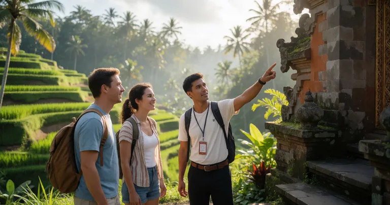A Balinese guide pointing out a detail on a stone temple gate to a small group of two travellers, lush green rice terraces…