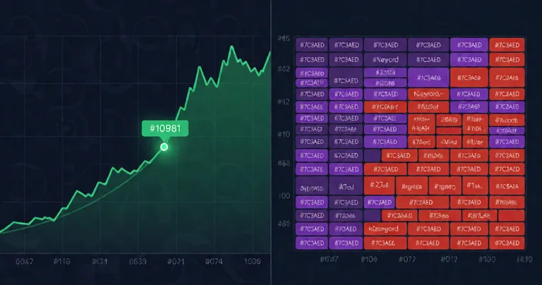 Split-screen data visualisation. Left half: rising line graph of keyword search volume velocity, with an early-detection…