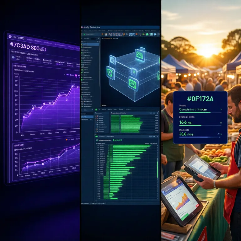 Three-panel composite editorial image. Left panel: purple #7C3AED glowing SEO pipeline dashboard with ranking line charts…
