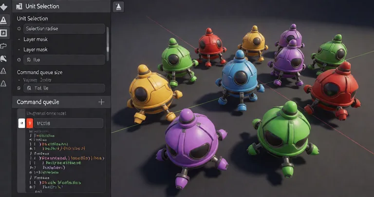 A screenshot of the Unity Inspector showing a Unit Selection component with fields for selection radius, layer mask, and…