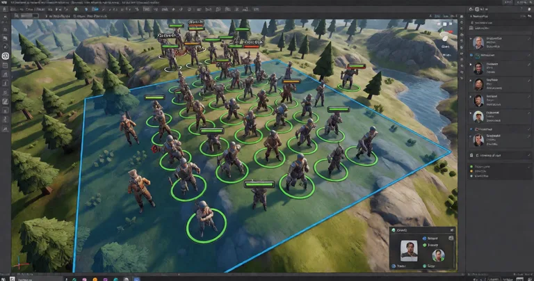 A Unity Editor scene view showing an RTS battlefield with 50+ units, a blue drag-select rectangle overlaying the terrain…