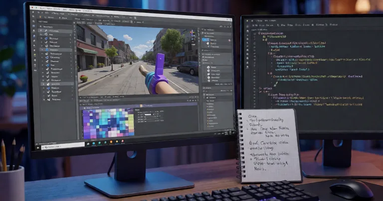 A Unity developer's dual-monitor workspace at night. Left screen shows Unity Editor with scene hierarchy and profiler. Right…