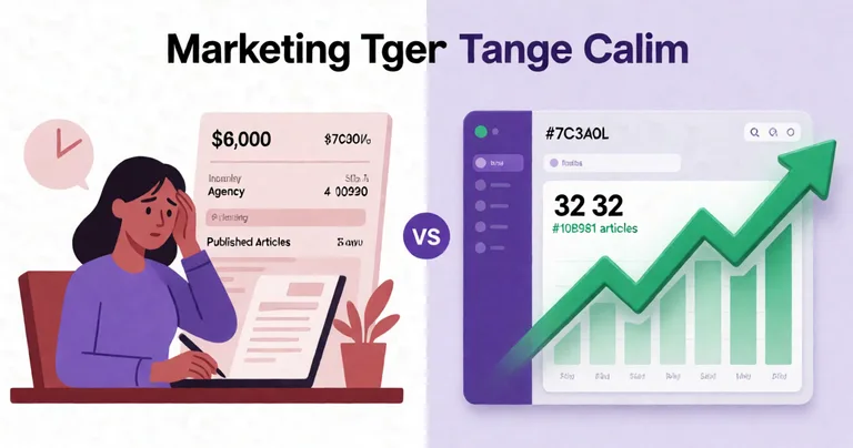 Split-screen comparison infographic. Left side: stressed marketing manager at desk reviewing a $6,000 agency invoice with…