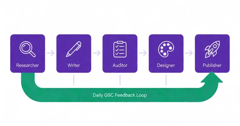 Horizontal five-stage process flow diagram of an autonomous AI SEO pipeline: Researcher (magnifying glass icon), Writer (pen…