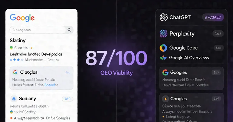 Split-screen comparison graphic. Left side: traditional Google blue-link search results. Right side: AI engine citation…