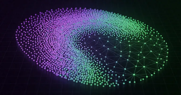 Abstract data visualization of vector embeddings: thousands of small glowing dots clustering into a fingerprint shape that…