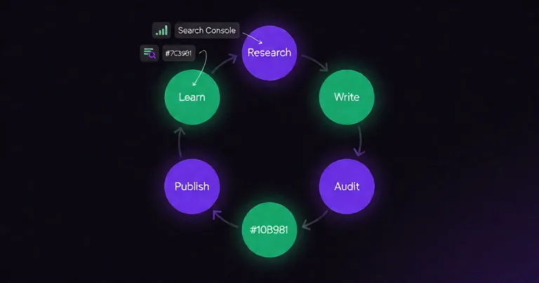 Circular flow diagram on dark background. Five nodes arranged in a circle labeled Research, Write, Audit, Publish, Learn…