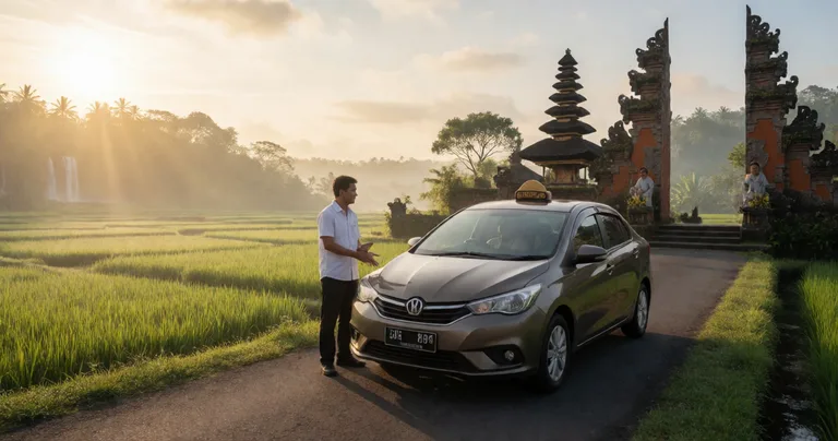 A private car with a friendly Balinese driver-guide parked on a quiet road near a Balinese temple gate, early morning golden…