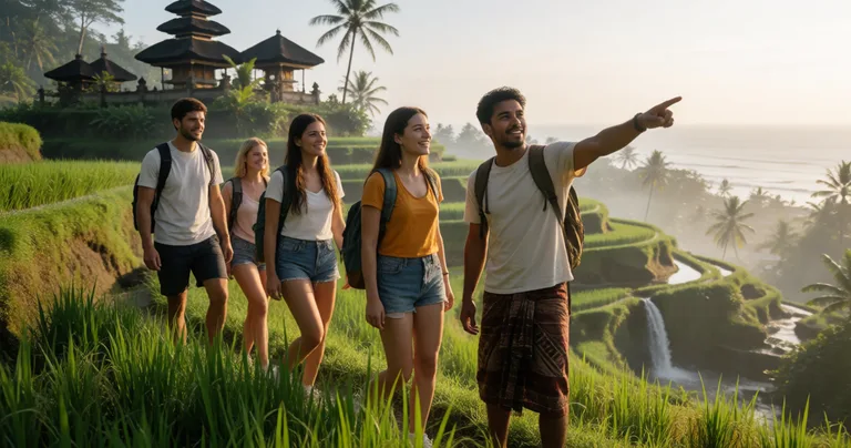 A small group of four travelers walking through a lush green rice terrace in Bali, morning light, a local guide pointing to…