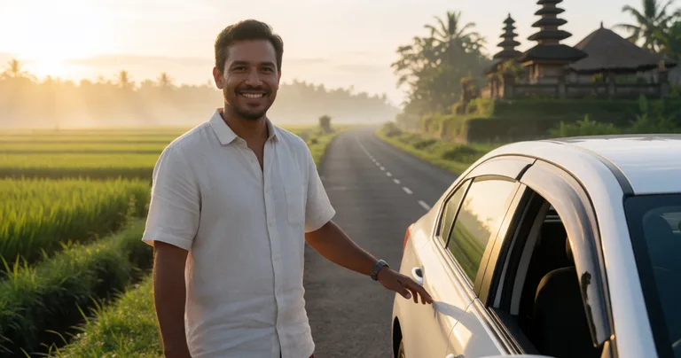 A smiling Balinese guide in a light linen shirt stands beside a clean private car on a quiet Bali road at sunrise. Soft…