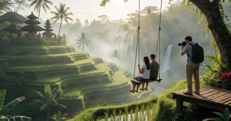 A couple stands on a wooden swing over a lush green rice terrace in Ubud, early morning mist, soft golden light…