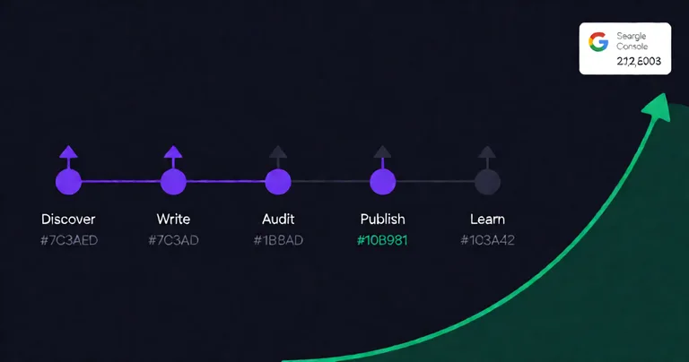 Dark-mode SaaS analytics dashboard UI showing a horizontal five-stage agent pipeline diagram labeled Discover, Write, Audit…