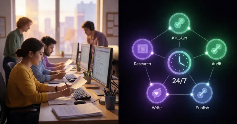 Split-screen visualization. Left half: human SEO team at office desks in warm daylight, papers and monitors, 9-to-5 feel…