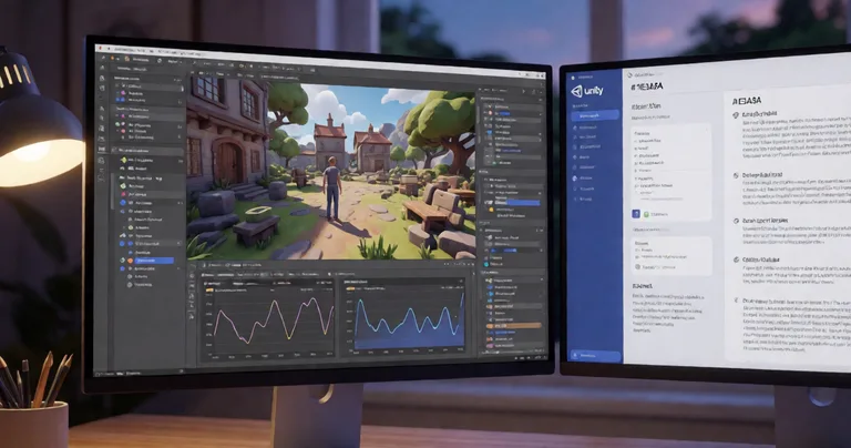 A Unity developer's dual-monitor workspace at dusk, left screen showing the Unity Editor with a complex scene hierarchy and…