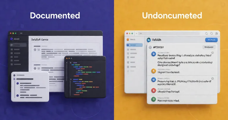 A split-screen comparison of four source types: left side shows a polished documentation hub with API reference and code…