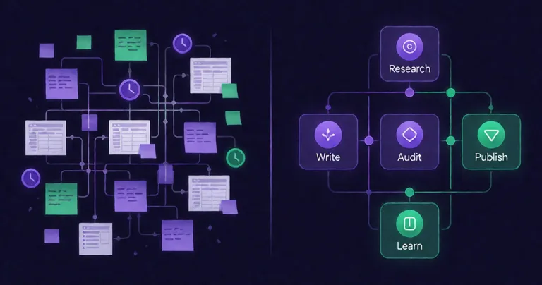 Split-screen technical illustration comparing a chaotic traditional agency org chart (sticky notes, spreadsheets, clock…