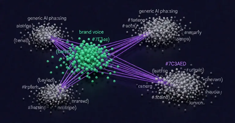 Data visualization of vector embeddings as a 2D scatter plot in semantic space. Words and phrases clustered as dots. One…