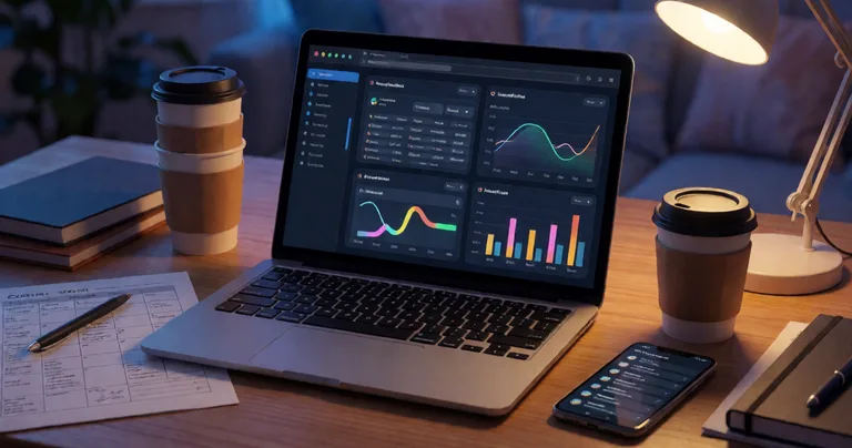 Realistic photograph of a marketing manager's desk at night, laptop screen glowing with 14 open browser tabs showing keyword…