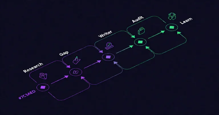 Minimalist isometric technical diagram of five connected nodes labeled Research, Gap, Writer, Audit, Learn flowing left to…