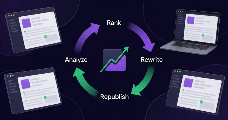 Circular feedback loop diagram with four stages labeled Rank, Analyze, Rewrite, Republish arranged in a continuous cycle…