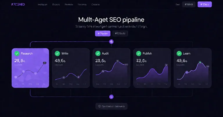 A sleek, dark-themed dashboard screenshot showing a multi-agent SEO pipeline with five connected nodes labeled Research…
