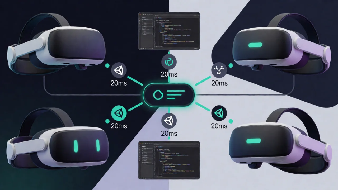 A network topology diagram for VR multiplayer: a central server connected to three VR headsets via RPC lines, sync variable…