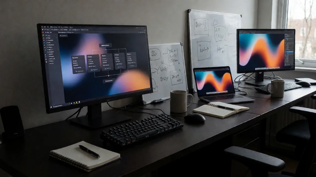 Dark-mode operations dashboard on widescreen monitor showing five-stage pipeline diagram: Research, Write, Audit, Publish…