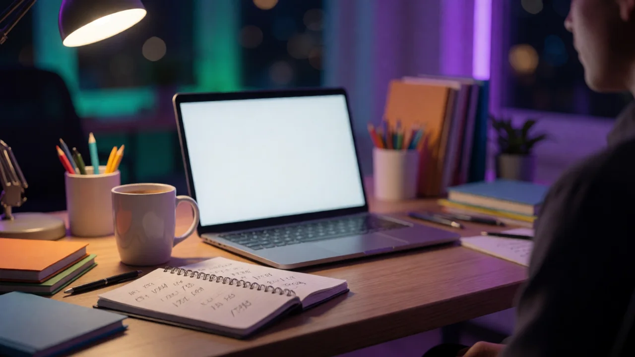 A cluttered startup founder's desk at night, laptop open, coffee mug, notebook with scribbled numbers, warm desk lamp light…